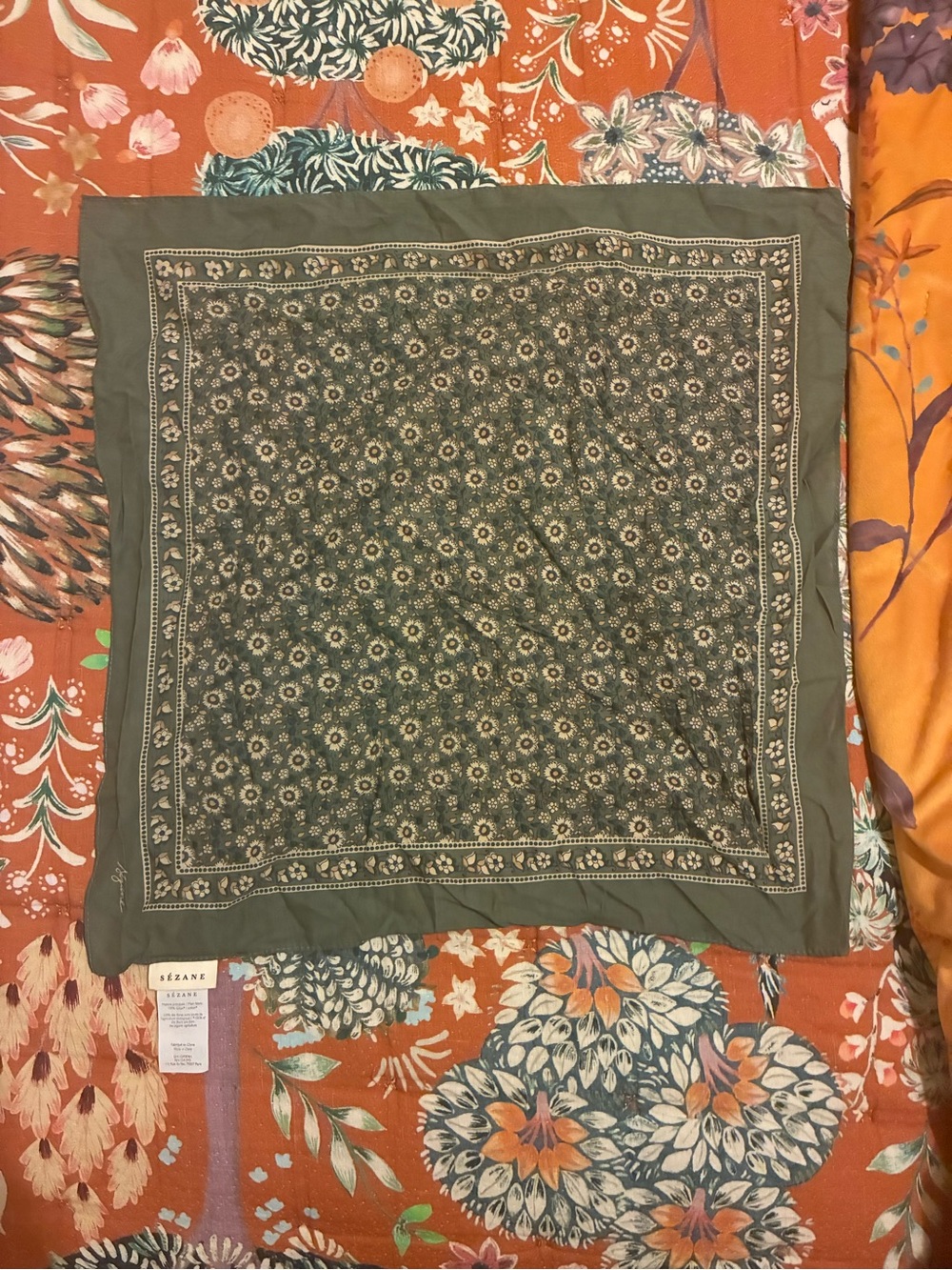 2 Sezane Floral Bandana Scarf - Rust and Green - Picture 4 of 7